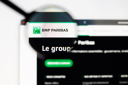 Milan, Italy 2026, 20 Apr Closeup of BNP Paribas website on a laptop screen. BNP Paribas logo under a magnifying glass.