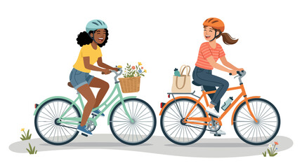 Fototapeta premium Two happy women cycling together with bicycles, outdoor activity, summer fun