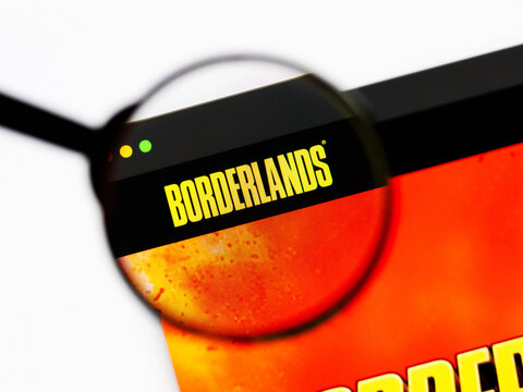 Milan, Italy 2026, 20 Apr Closeup of Borderlands 4 website on a laptop screen. Borderlands 4 logo under a magnifying glass.