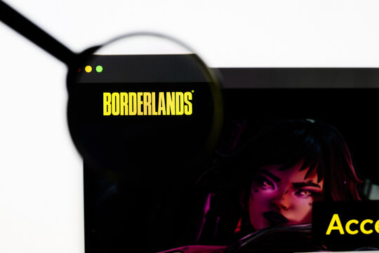 Milan, Italy 2026, 20 Apr Closeup of Borderlands 4 website on a laptop screen. Borderlands 4 logo under a magnifying glass.
