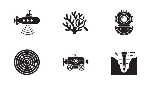 Marine research and underwater exploration vector icon set with underwater submarine exploration research technology illustration nautical environment navigation scanning equipment analysis