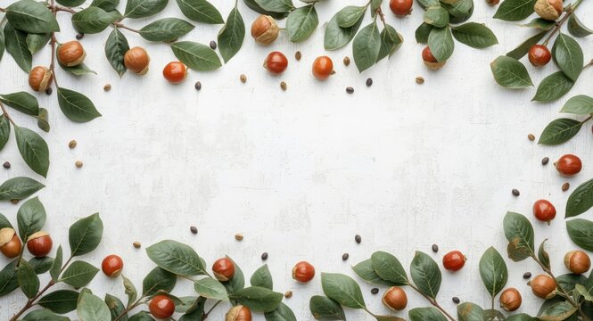 Top view of isolated hazelnut and privet leaves on a white textured background with copy space