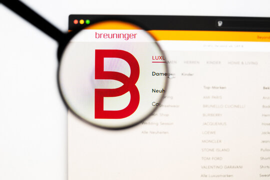 Milan, Italy 2026, 20 Apr Closeup of Breuninger website on a laptop screen. Breuninger logo under a magnifying glass.