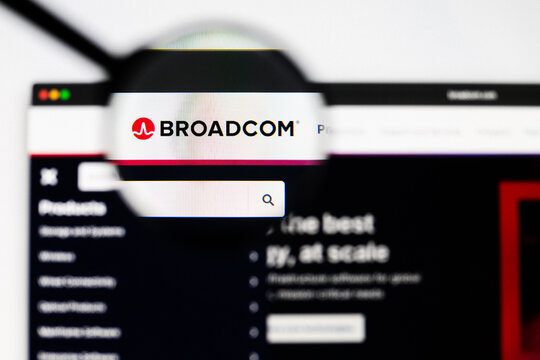 Milan, Italy 2026, 20 Apr Closeup of Broadcom website on a laptop screen. Broadcom logo under a magnifying glass.