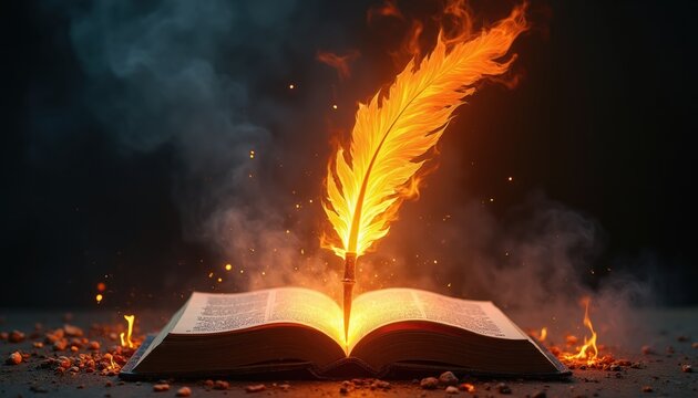 Fiery quill pen arises from open book. Flames and smoke swirl around burning writing tool. Concept of creativity passion inspiration and destruction.