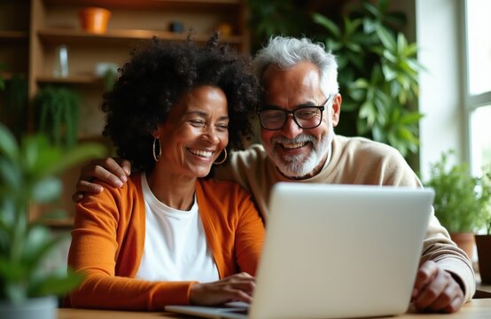Smiling diverse couple looks at laptop screen together. Older man with grey hair, woman with afro hair. Happy elderly pair bond over shared content. Joyful connection, home comfort.