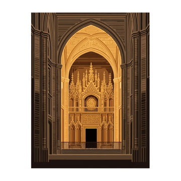 Ornate golden retablo and interior Gothic architecture of the Seville Cathedral in Spain, vector illustration featuring detailed arches, vaulted ceilings, and intricate altarpiece design.