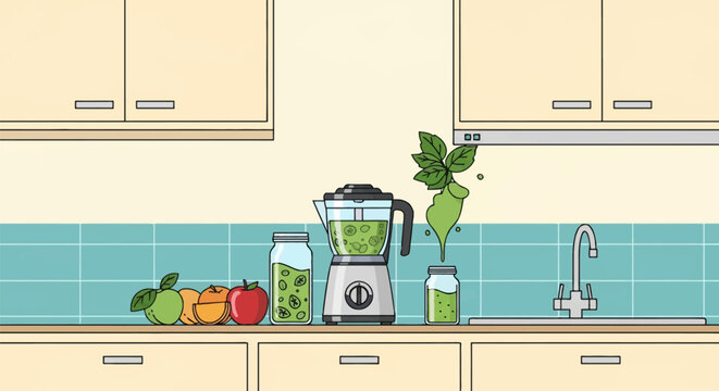 Modern kitchen counter vector illustration featuring a silver blender with green smoothie, fresh apples, fruit slices, storage jars, chrome faucet, teal tile backsplash and cabinets.