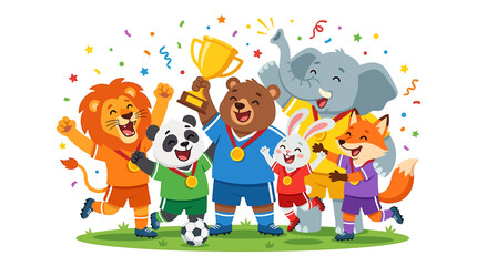 Fototapeta premium Animal soccer players celebrating with trophy on green field