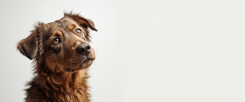 Muddy mixed breed dog with a contrite expression captured in white studio environment