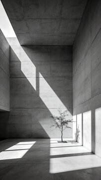 Generative AI depicts a minimalistic modern interior with concrete walls and natural lighting