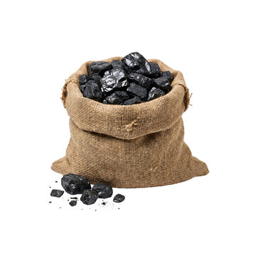 Burlap sack filled with pieces of black coal isolated on transparent background