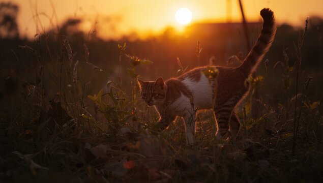 Merry Thai cat exploring wild nature during sunset glow