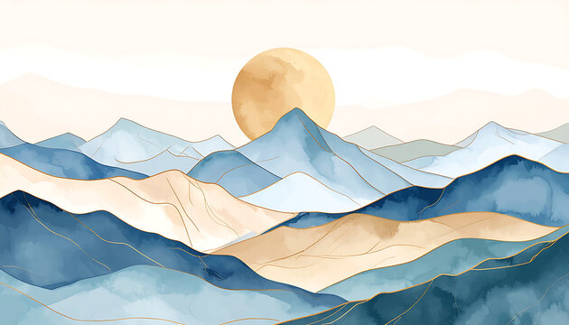Serene abstract mountain landscape at sunrise, pastel blue and beige watercolor washes, subtle gold accents, serene mood, panoramic vista
