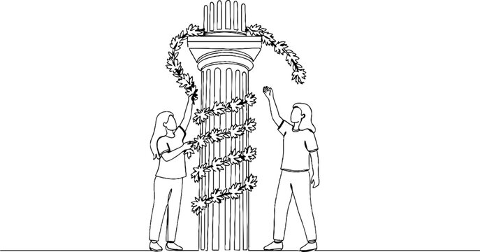 Two people decorating ancient column with hanging vines illustration.