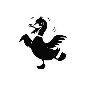 A black cartoon duck with one leg raised and wings spread
