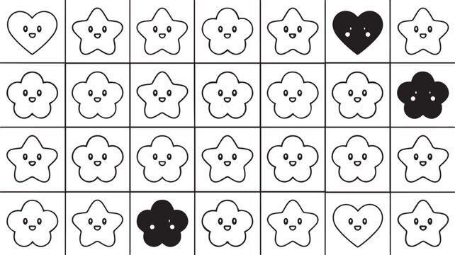 Cute cartoon star and heart faces in grid pattern on white background