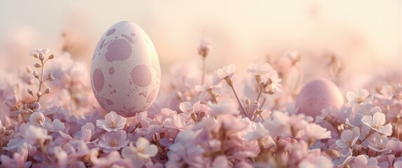 Fototapeta premium Lavender spotted Easter egg hanging in a floral cluster set on a soft pastel background