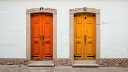 Fototapeta premium Vibrant orange and yellow wooden doors bring character to a white building facade