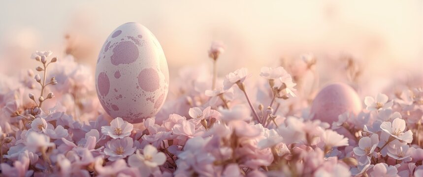 Lavender spotted Easter egg hanging in a floral cluster set on a soft pastel background