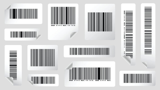 White barcode sticker set with peeling corner effect. Realistic retail scan label collection on gray background. Flat vector price tag design for packaging and commercial use.

