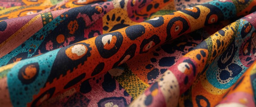 Fabric surface wrapping design with colorful abstract animal skin and rosette spot motifs