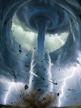 Inside tornado vortex interior view rotating funnel debris mesocyclone meteorology science fine art dramatic
