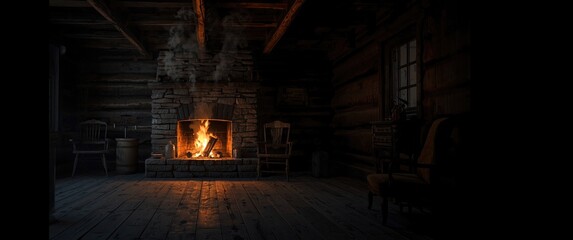 Obraz premium Warm glowing fireplace flames and smoke inside cozy rustic cabin room copy space