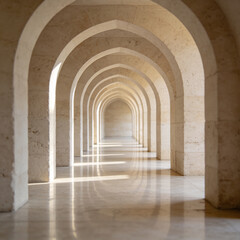 Fototapeta premium Minimal pale stone arched corridor with linear sunlight reflection on polished floor