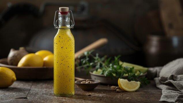 Tangy lemon and olive oil vinaigrette in a rustic kitchen setting