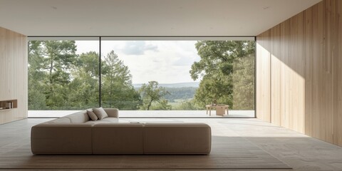 Fototapeta premium Stylish Scandinavian interior featuring sofa and natural view through expansive window