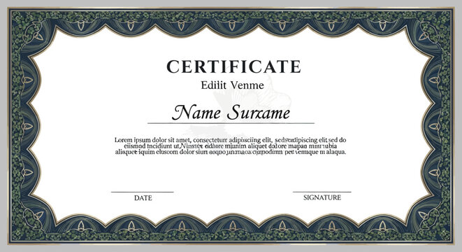Certificate template with classic ornamental border, elegant design, editable placeholder for name and signature