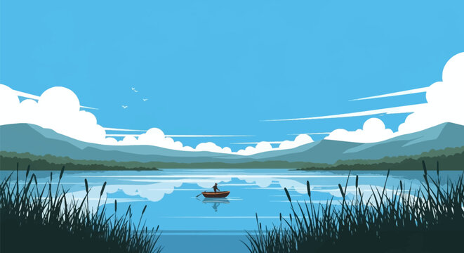 Minimalist flat vector landscape illustration of a person in a small rowboat on a calm blue lake, featuring distant mountains, puffy white clouds, and foreground cattail reeds.