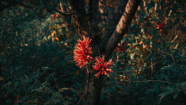 Striking red flowers blooming on a robust Parrot Tree amid deep green vegetation in the wild
