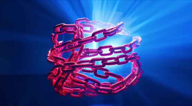 Cybersecurity cyber attack red chain digital cube data protection glowing light blue background cyber security blockchain defense network security ransomware malware encryption abstract blue red