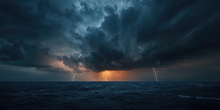 Stormy night over ocean featuring a calm hurricane eye with dramatic clouds and lightning