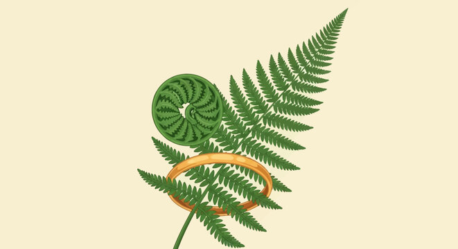 Vector illustration of a green fern frond and a curled fiddlehead with a gold ring encircling the stem, isolated on a plain cream background for nature or jewelry design concepts.