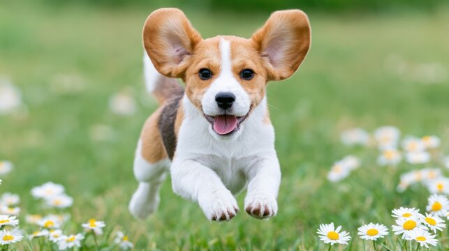 Beagle Puppy Joyride: A lively beagle puppy with adorably large ears sprints through a sun-drenched meadow dotted with daisies, its mouth agape in a joyful expression.