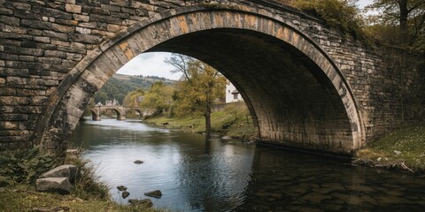 Fototapeta premium Vintage stone bridge arching over a clear river with scenic countryside