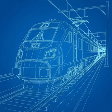 Blue wireframe 3d model illustration of a modern high-speed passenger train traveling on railway tracks with overhead catenary lines, technical architectural blueprint style.