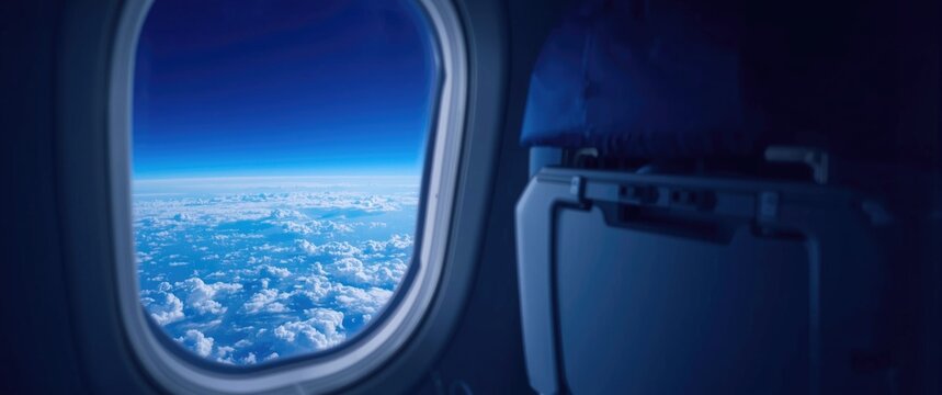 High altitude airplane window with stunning Earth and sky panorama