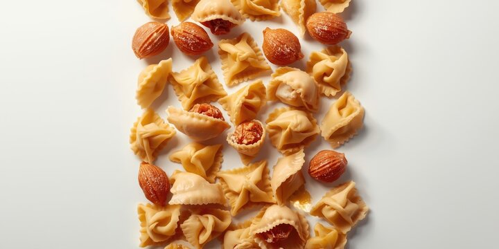 Multiple Italian filled pasta forms including tortellini agnolotti cappelletti ravioli and uszka placed against a white background