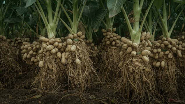 Peanut plants with exposed roots and clusters of groundnuts