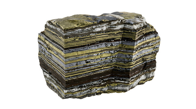 Sedimentary Exhalative SEDEX Deposit Banded Ore Rock Specimen, Isolated on a White Background, Suitable for Science Education