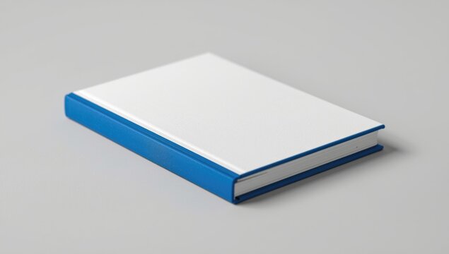 White hardcover book accented by blue borders