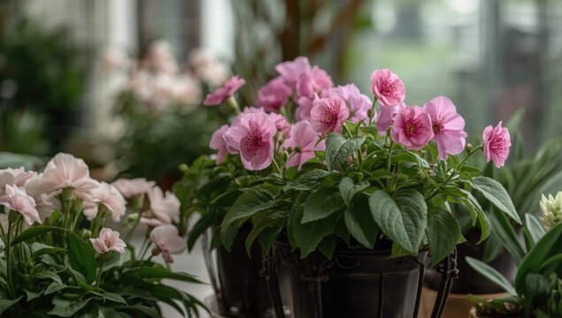 Indoor container gardening showcasing lathyrus flowers with copy space