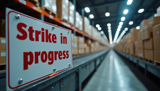 Warehouse conveyor belt with boxes. A sign reads Strike in progress. Distribution center operations halted due to labor dispute. Packages wait for shipment. Supply chain disruption.