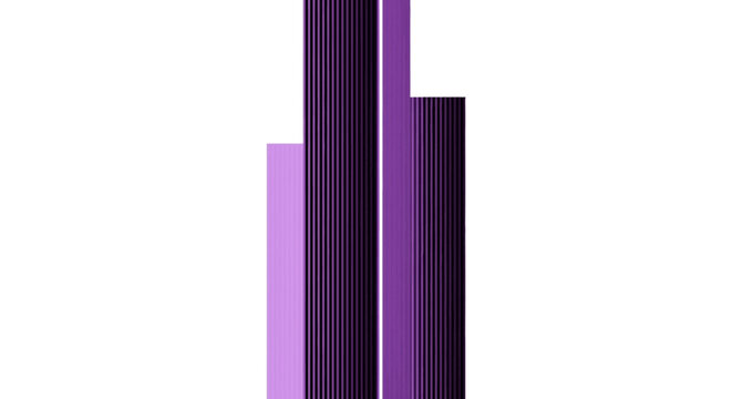 Abstract composition of vertical purple lines and bars of varying heights and widths on a white background, featuring fine parallel stripe textures in shades of violet and lavender.