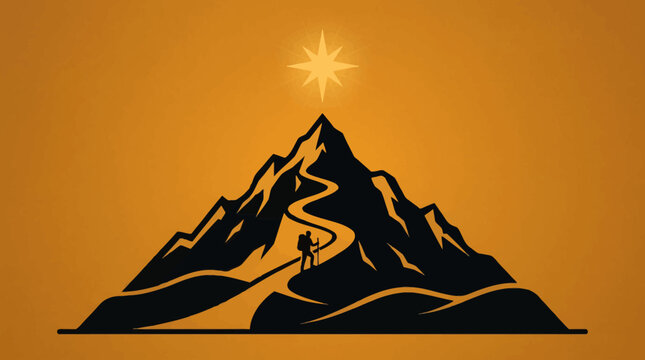 A silhouette of a hiker ascending a winding mountain path towards a guiding star at the summit, symbolizing aspiration and achievement.