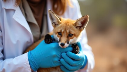 Fototapeta premium Vet checks cute young fox kit held in gloved hands outdoors. Woman in lab coat cares for wild animal, examines injured cub, helping wildlife rehabilitation.